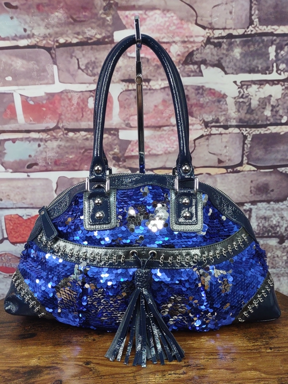 Sharif Blue Sequin Bowler Bag